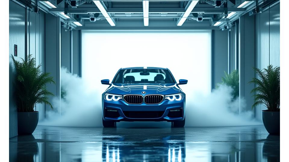 Umweltfreundliche Autowaschanlage mit Wasserrecycling-Symbolen und grünen Blättern