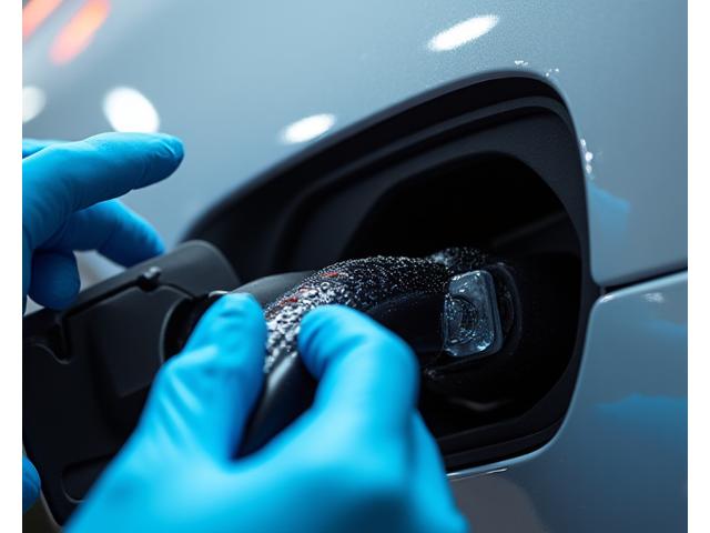 Detailansicht eines E-Auto Ladeanschlusses während der sicheren Reinigung, mit Fokus auf Schutz