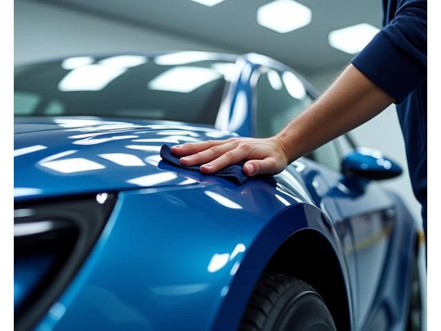 Modernes Elektroauto wird professionell gereinigt, Fokus auf Technologie und Glanz