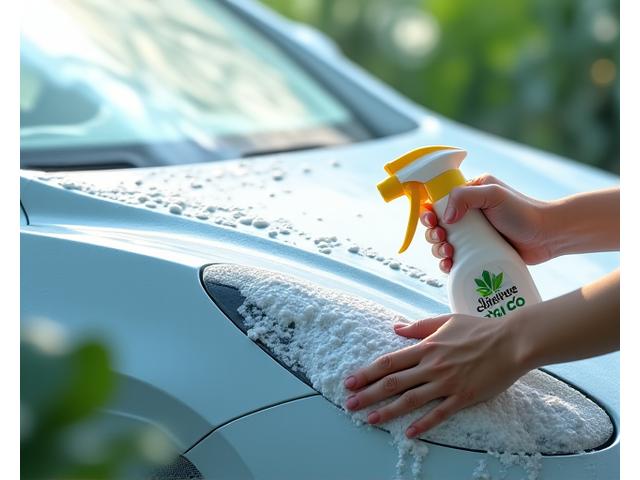 Umweltfreundliche Reinigung eines E-Autos, mit schwebendem Blatt und Wassertropfen als Symbole für Nachhaltigkeit