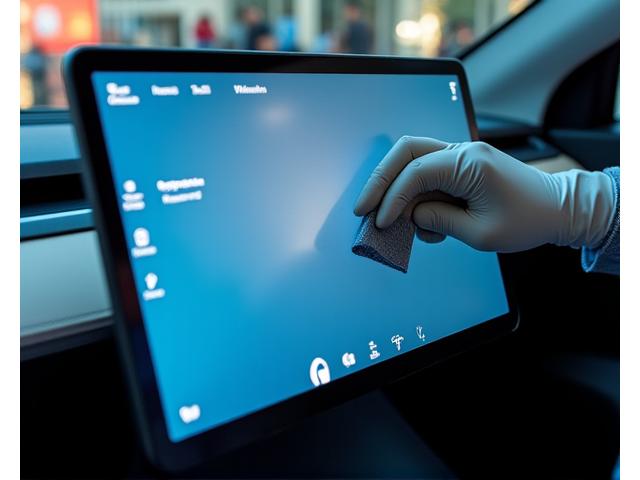 Professionelle Reinigung des Innenraums eines modernen E-Autos, Fokus auf Displays und Sensoren