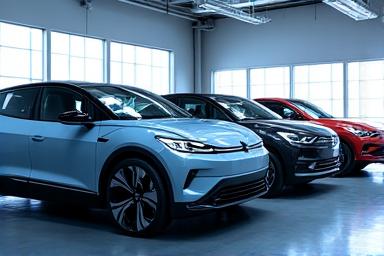 Reihe von VW ID und Audi e-tron Modellen, die makellos sauber und professionell präsentiert werden