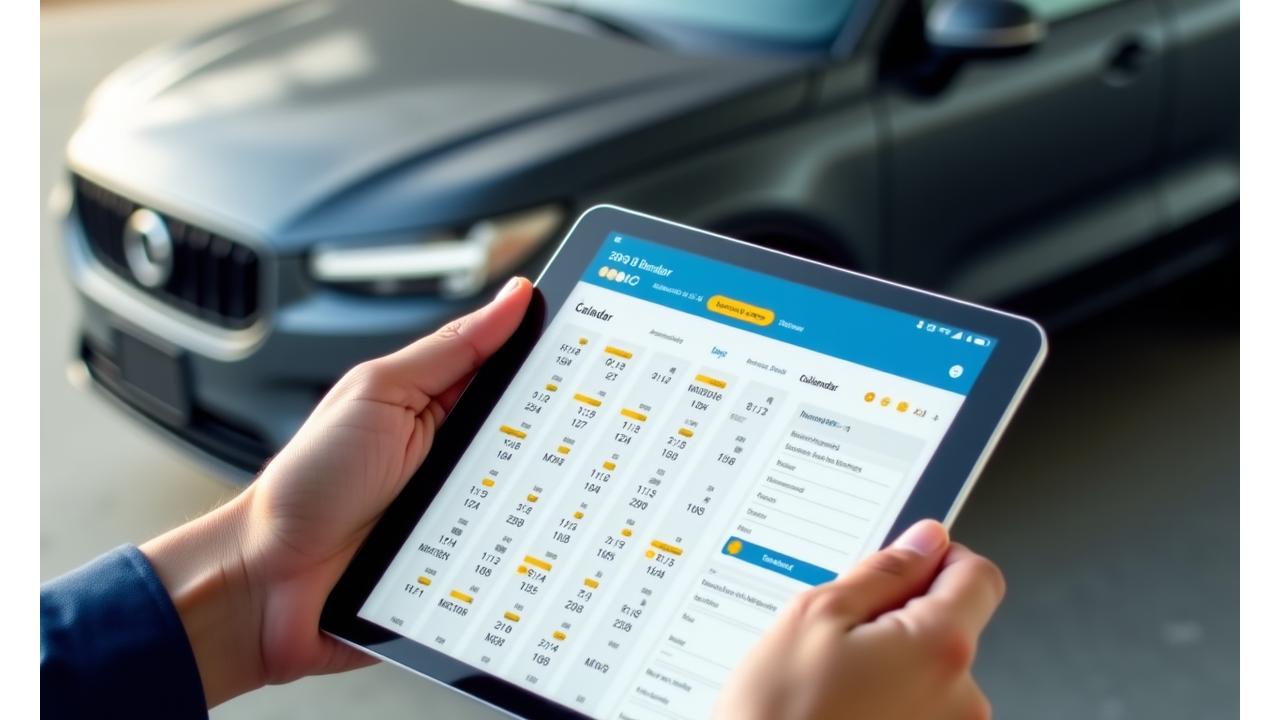 Eine Nahaufnahme von Händen, die auf einem Tablet einen Kalender zur Terminbuchung bedienen, mit einem unscharfen modernen Auto im Hintergrund.