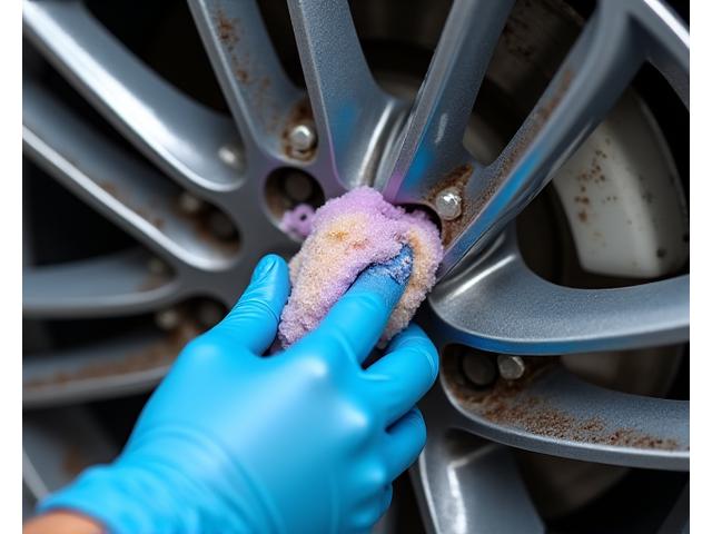 Detailansicht einer Felge während der Bremsstaubentfernung