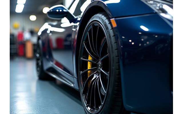 Glänzende Felgen und gepflegte Reifen auf einem luxuriösen Sportwagen