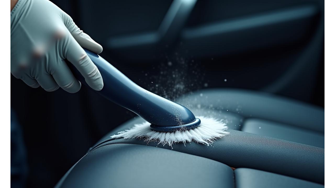 Detailansicht einer Hand, die eine Autopolsterreinigung mit Spezialgerät durchführt, um den Tiefenreinigungsprozess zu visualisieren