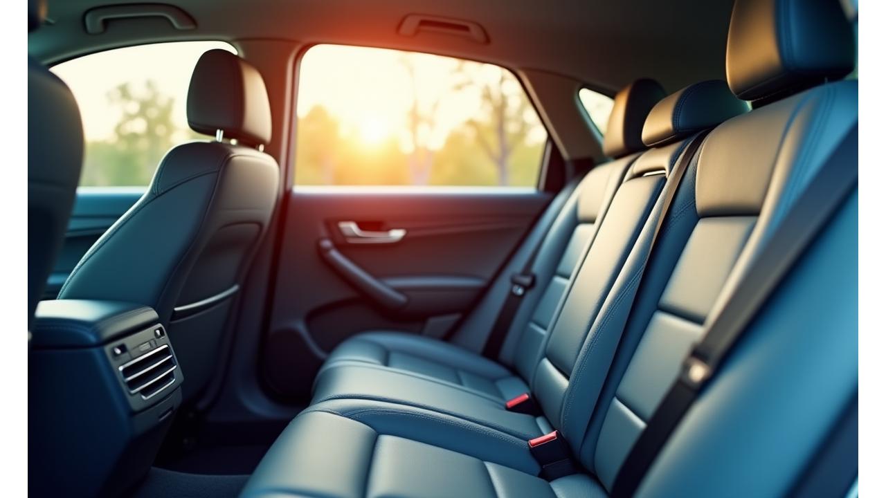 Sauberer, frischer Fahrzeuginnenraum mit Sonnenlicht und Kindersitz, der Gesundheit und Wohlbefinden symbolisiert