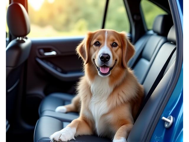 Ein flauschiger Hund sitzt entspannt in einem Auto, umgeben von einem sauberen Innenraum, der Haustierfreundlichkeit betont
