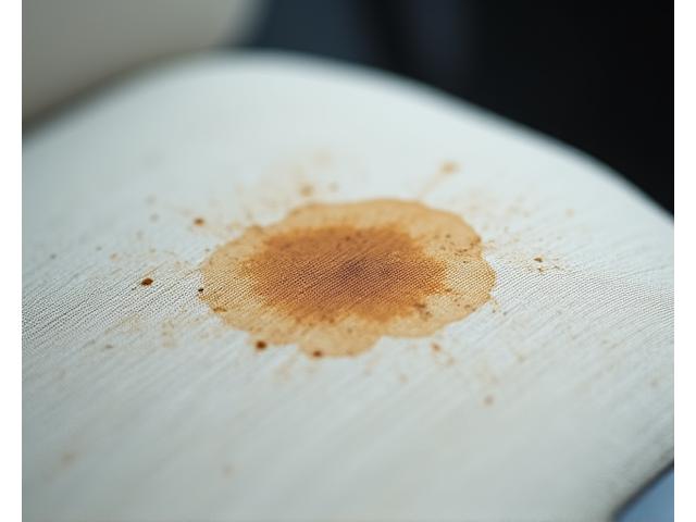 Eine Nahaufnahme eines problematischen Kaffeeflecks auf einem hellen Autositz, um die Herausforderung der Fleckenentfernung zu visualisieren