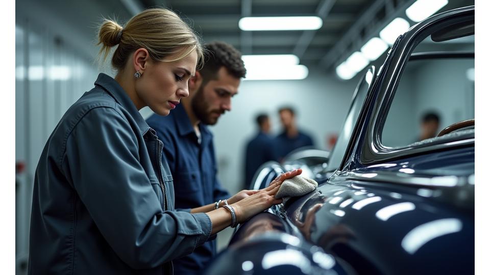 Team von Fahrzeugpflege HuhnRoad inspiziert einen Oldtimer detailliert, mit einem Ausdruck von Professionalität und Sorgfalt.
