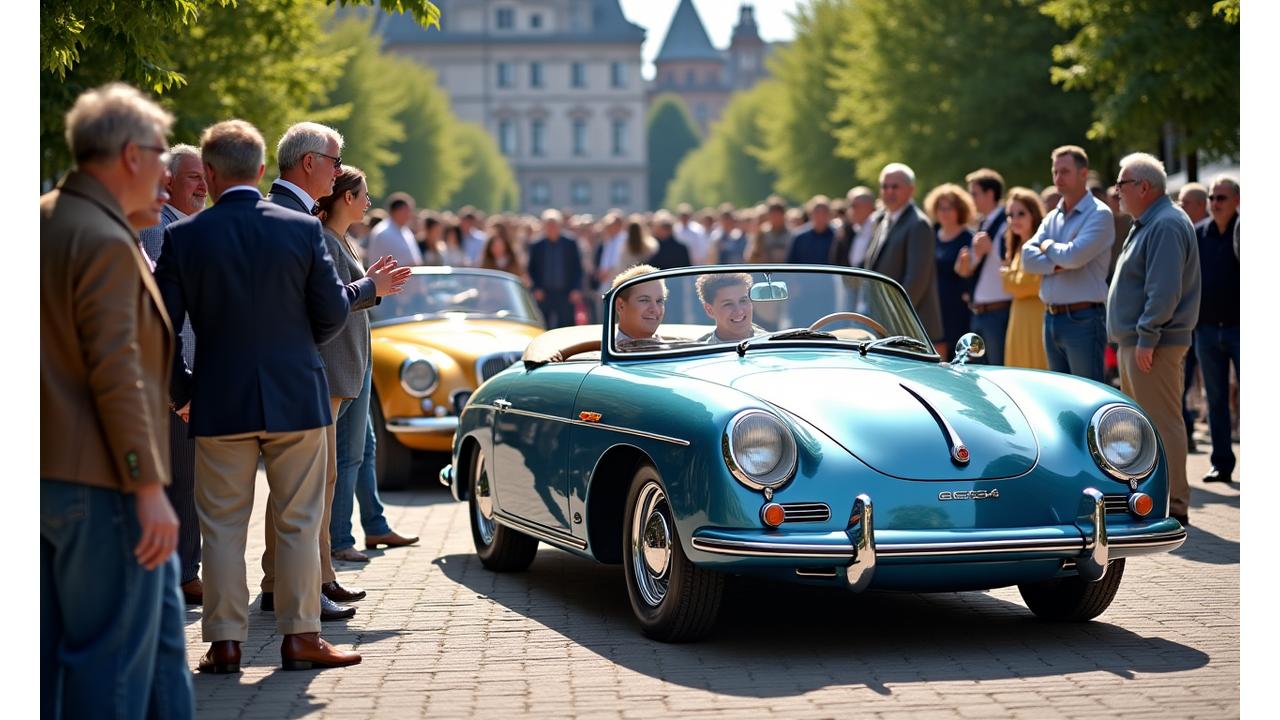 Gruppe von Oldtimer-Enthusiasten, die sich um einen klassischen Wagen auf einem sonnigen Event unterhalten, im Hintergrund historische Gebäude Hamburgs.