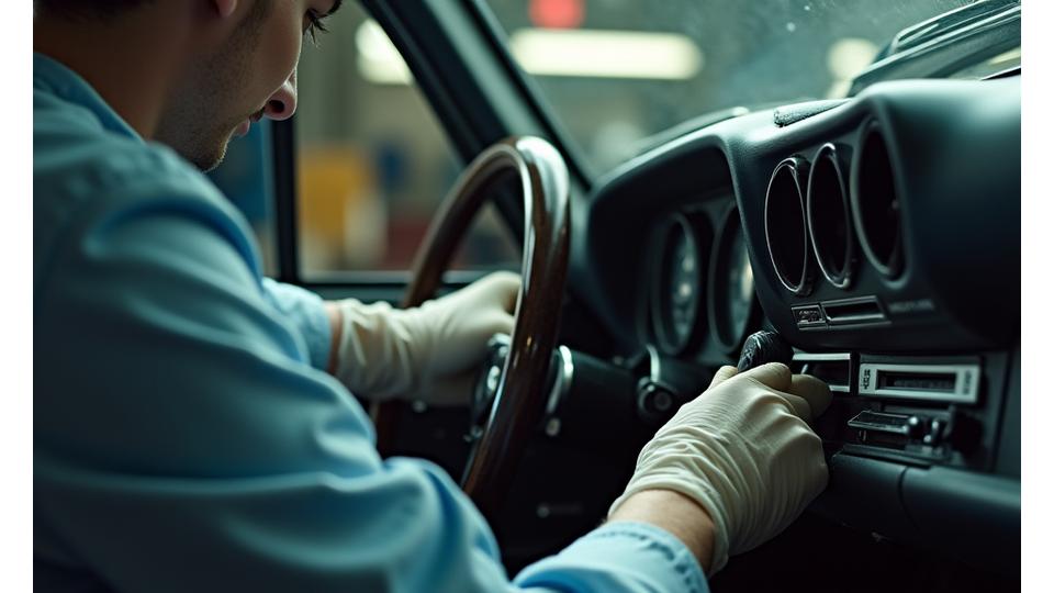 Ein Oldtimer-Experte prüft sorgfältig die Lackoberfläche eines klassischen Wagens, was die Präzision der Arbeit widerspiegelt.
