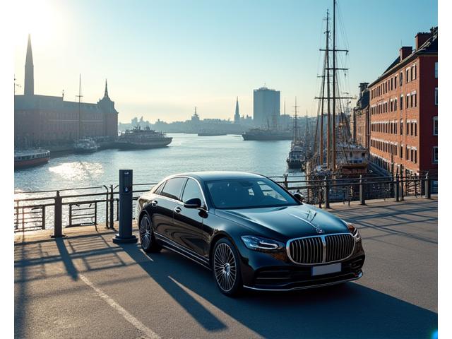 Luftaufnahme der Hamburger Skyline mit dem Hafen und gepflegten Autos im Vordergrund, die die Verbindung von Stadt und Automobilindustrie symbolisiert.