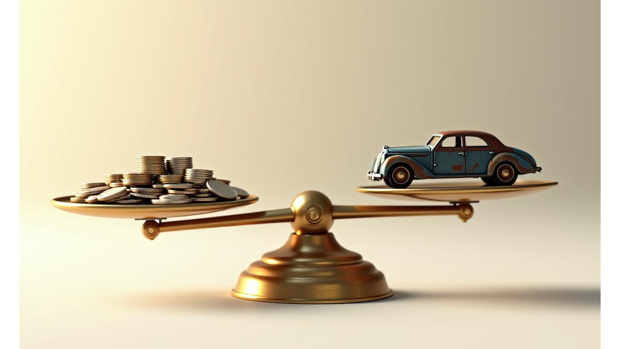 Eine Waage, die auf der einen Seite eine kleine Geldsumme und ein sauberes Auto, auf der anderen Seite eine große Geldsumme und ein rostiges Auto zeigt, visuell den Vergleich von Präventions- und Reparaturkosten darstellend.