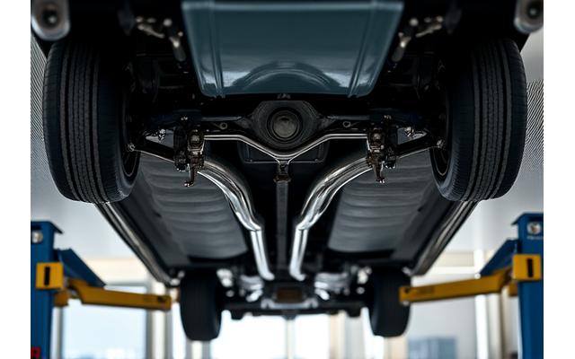 Der makellose, restaurierte Unterboden eines klassischen Oldtimers, mit feinen Details des Fahrwerks.