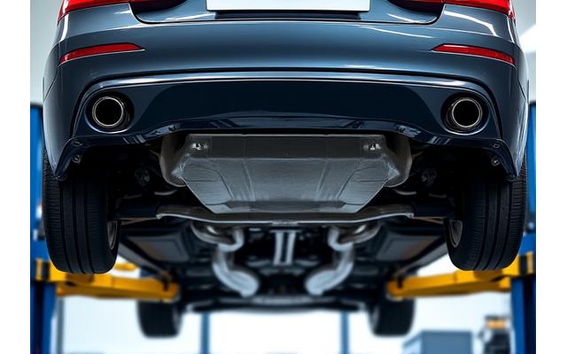Nahaufnahme des Unterbodens eines modernen PKW auf einer Hebebühne, sauber und geschützt.