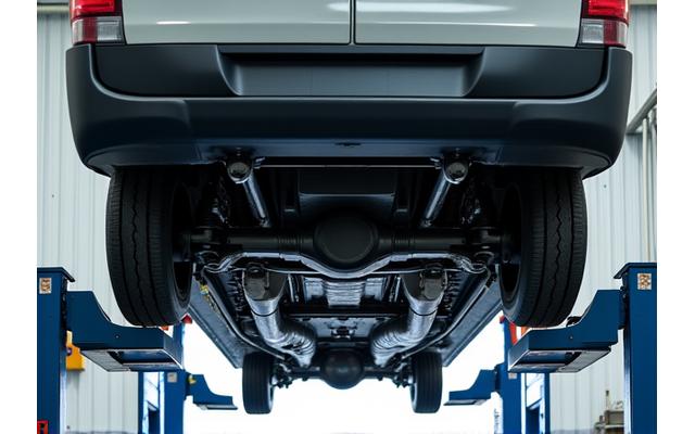 Robuster Unterboden eines Transporters, der in einer Werkstatt inspiziert wird, mit Fokus auf Schutz vor starker Beanspruchung.