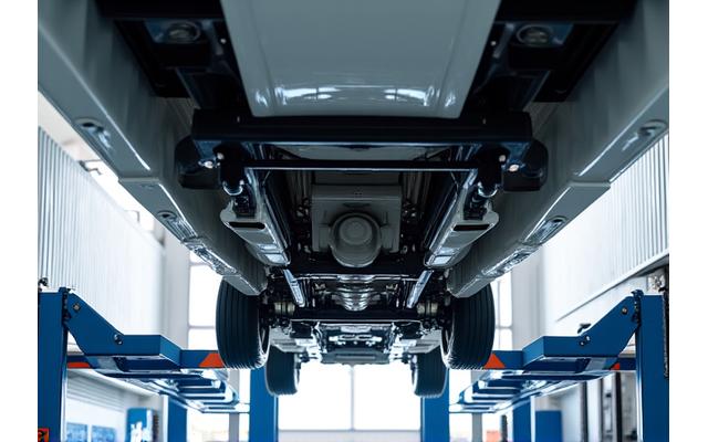 Unteransicht eines großen Wohnmobils auf einer speziellen Hebebühne, detailreich gereinigt.