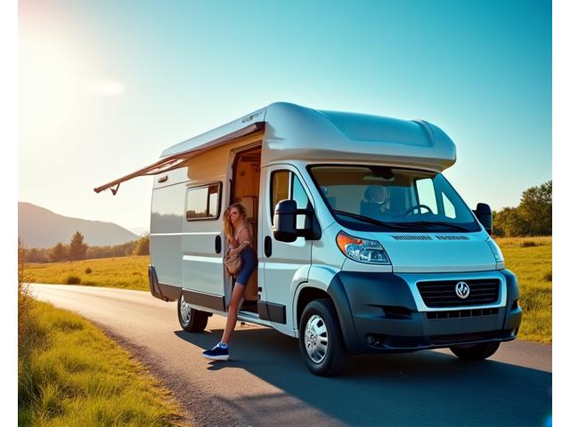 Fahrer steigt in ein glänzendes Wohnmobil ein, das bereit für eine spontane Urlaubsfahrt ist.