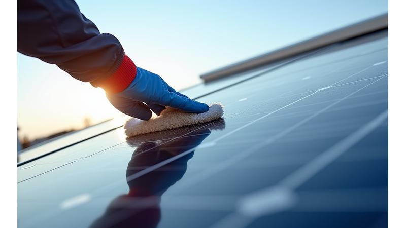 Ein Fachmann reinigt vorsichtig ein Solarpanel auf dem Dach eines Wohnmobils, mit Blick auf sonnigen Himmel.