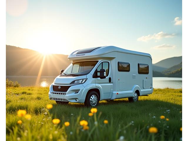 Blühende Frühlingslandschaft mit einem frisch gereinigten Wohnmobil, das bereit für die erste Tour ist.